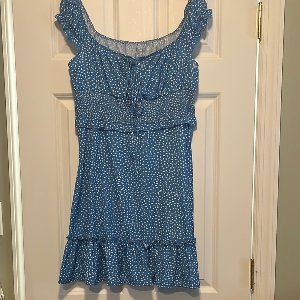 Blue Ruffled Dress with White Polka Dots